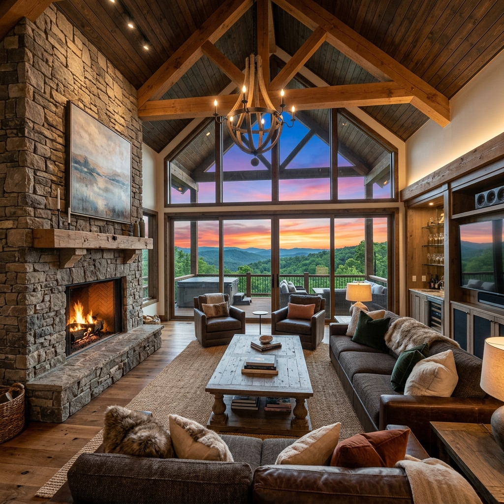 Stunning luxury living room with Ozark mountain views